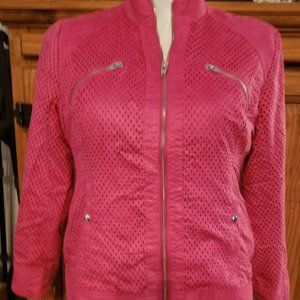 Marlo Thomas  Faux  Suede Perforated  Pink Fuschia Moto Jacket That Woman
